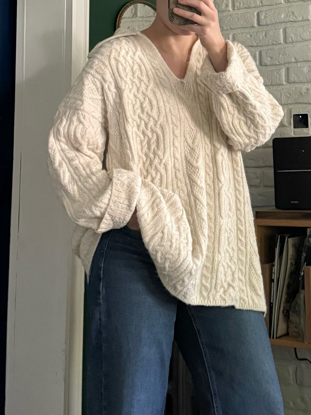 Mango Cable-Knit V-Neck Sweater - Cream